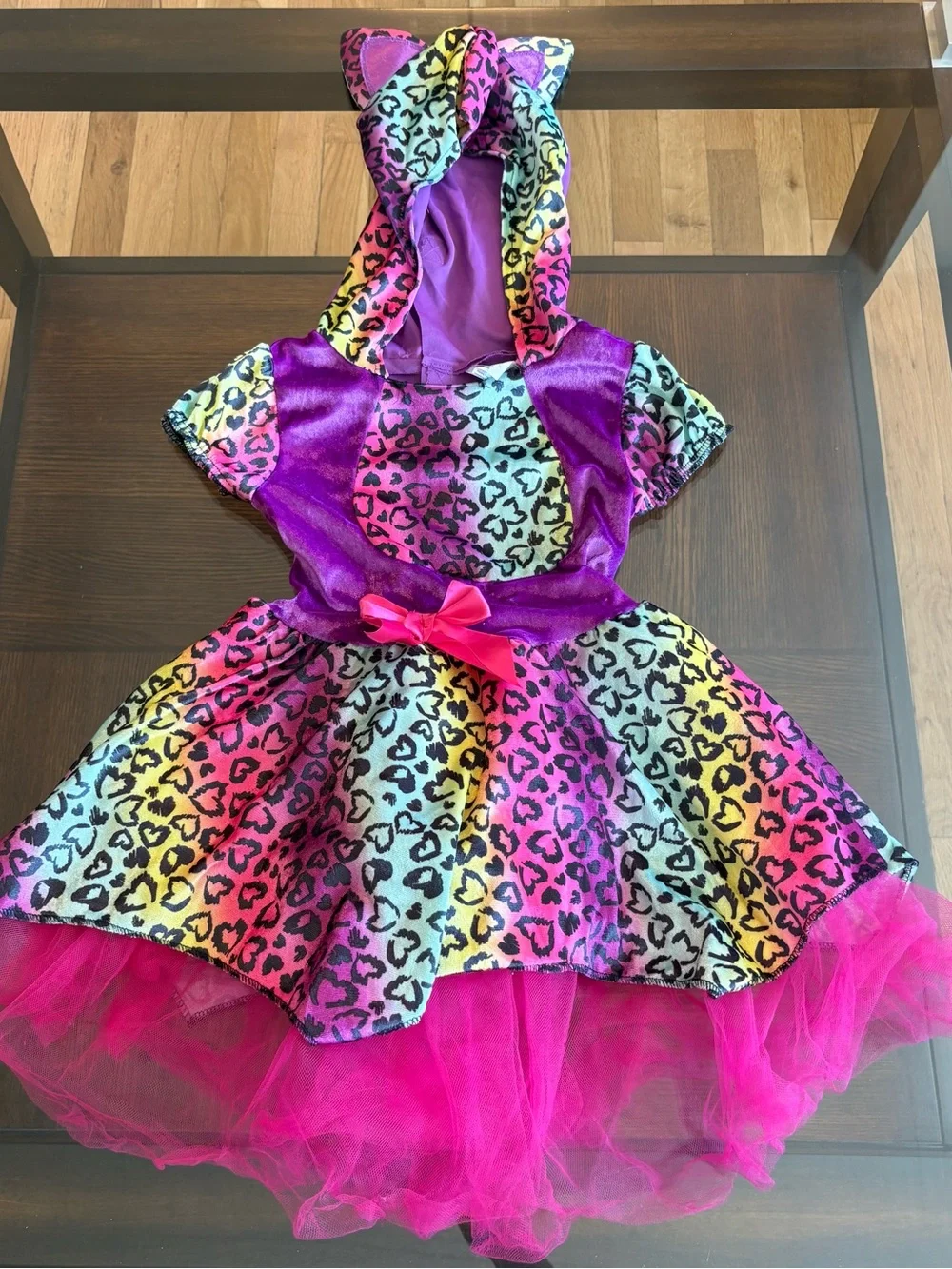 Purple & Rainbow Leopard Girls' Hooded Costume Dress with Tulle size 3T-4T